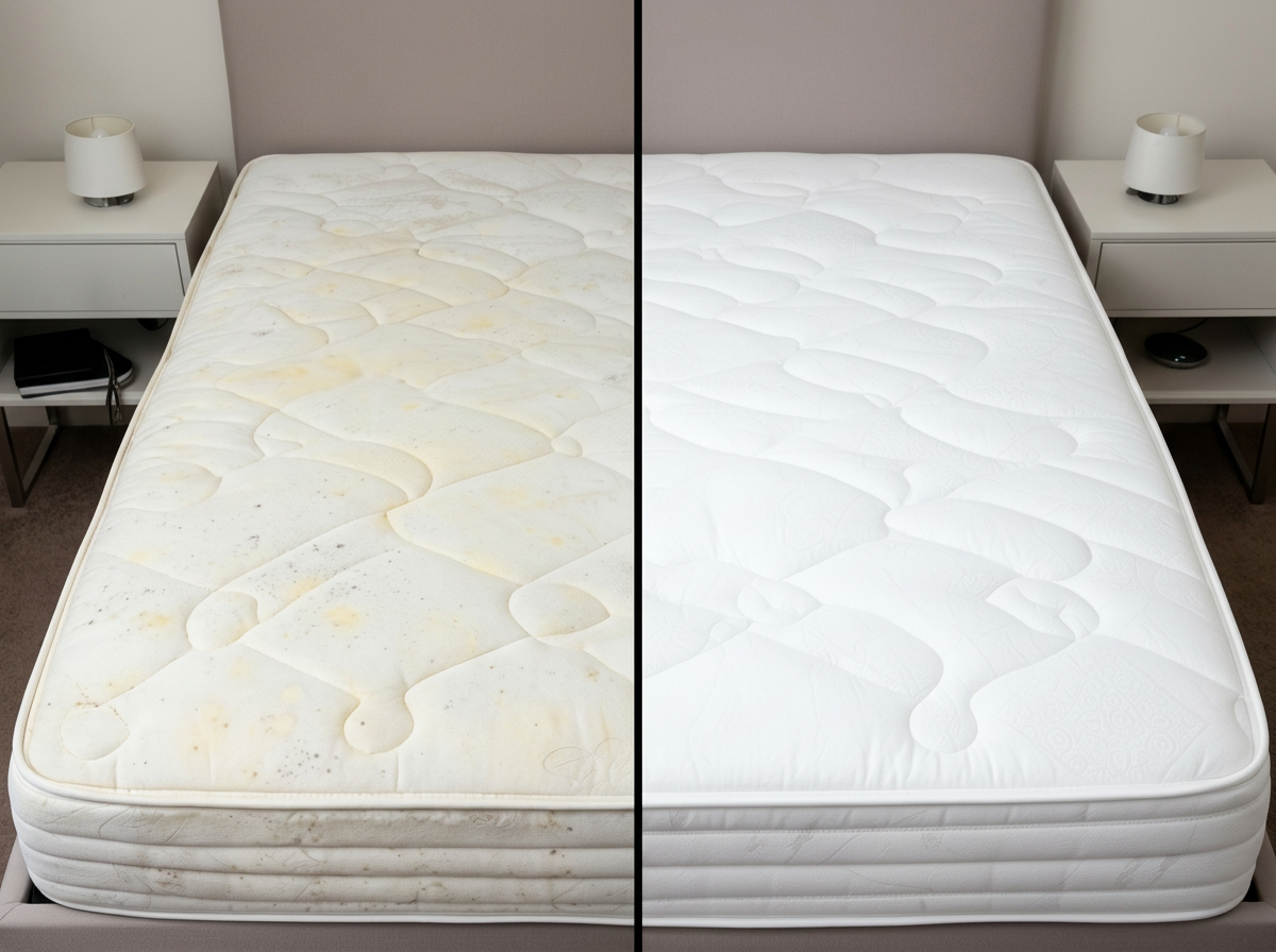 Colchão antes e depois da limpeza do Capitão Clean